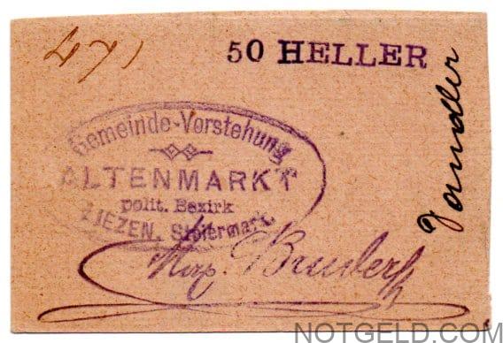 Altenmarkt - 50 heller (typed) on military postcard!